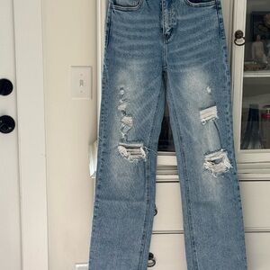 Classic Blue Distressed Women's Straight Leg Jeans